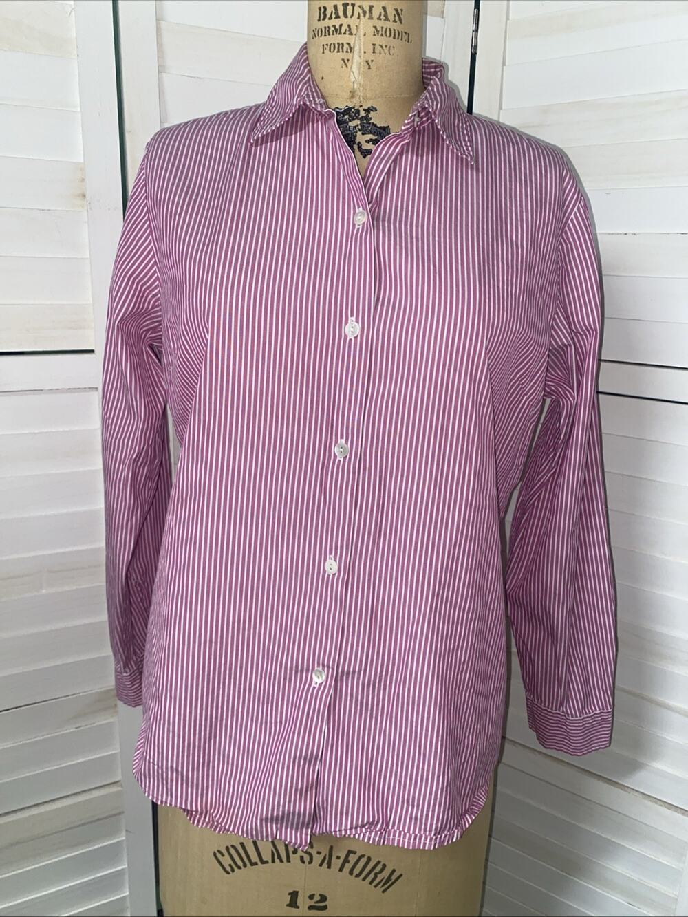 Ann Taylor Women’s Size Med Button Down Pink & White Striped Shirt Blouse Top